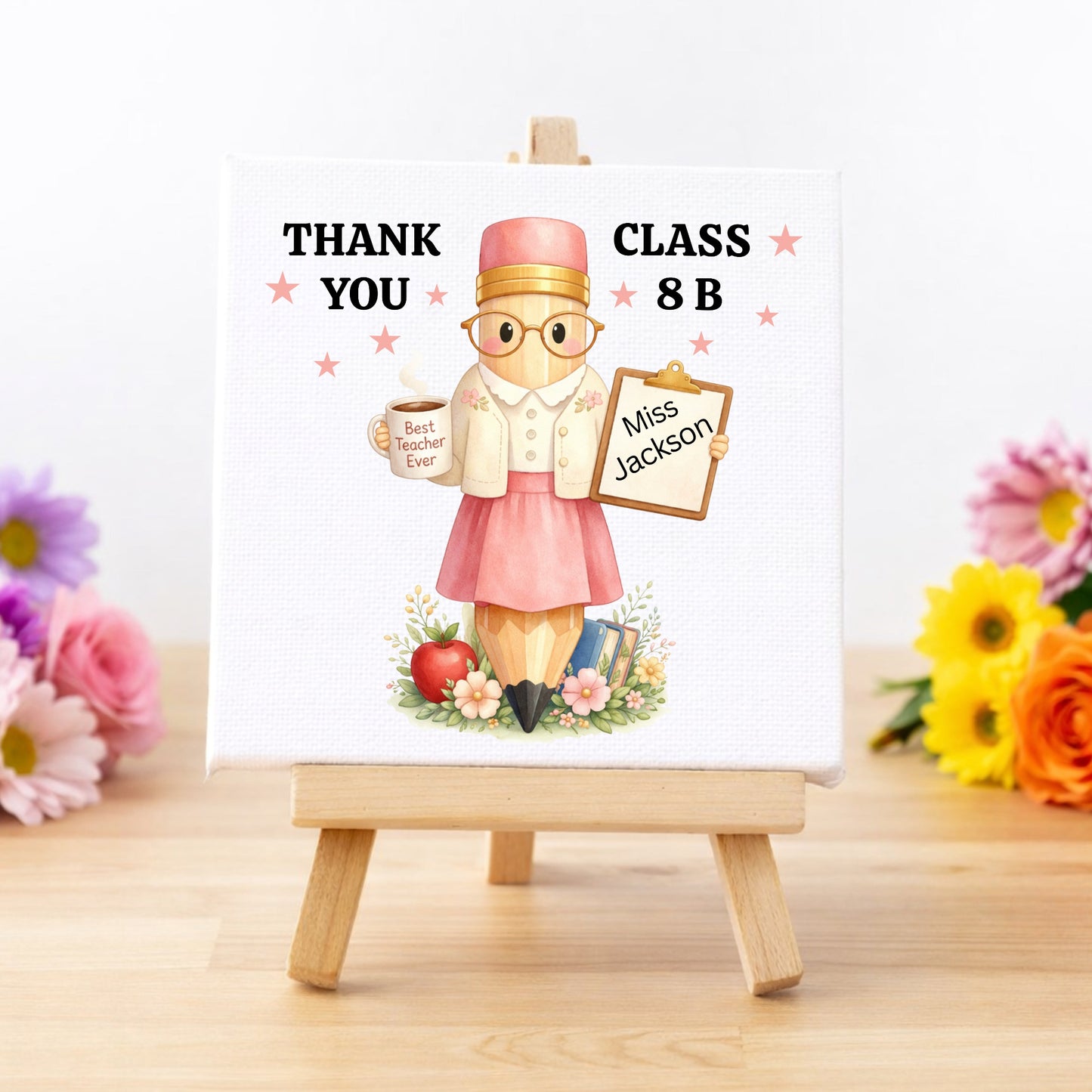 Personalised Female Pencil Teacher Thank You MINI Canvas Gift with Easel β Class Gift for Teacher