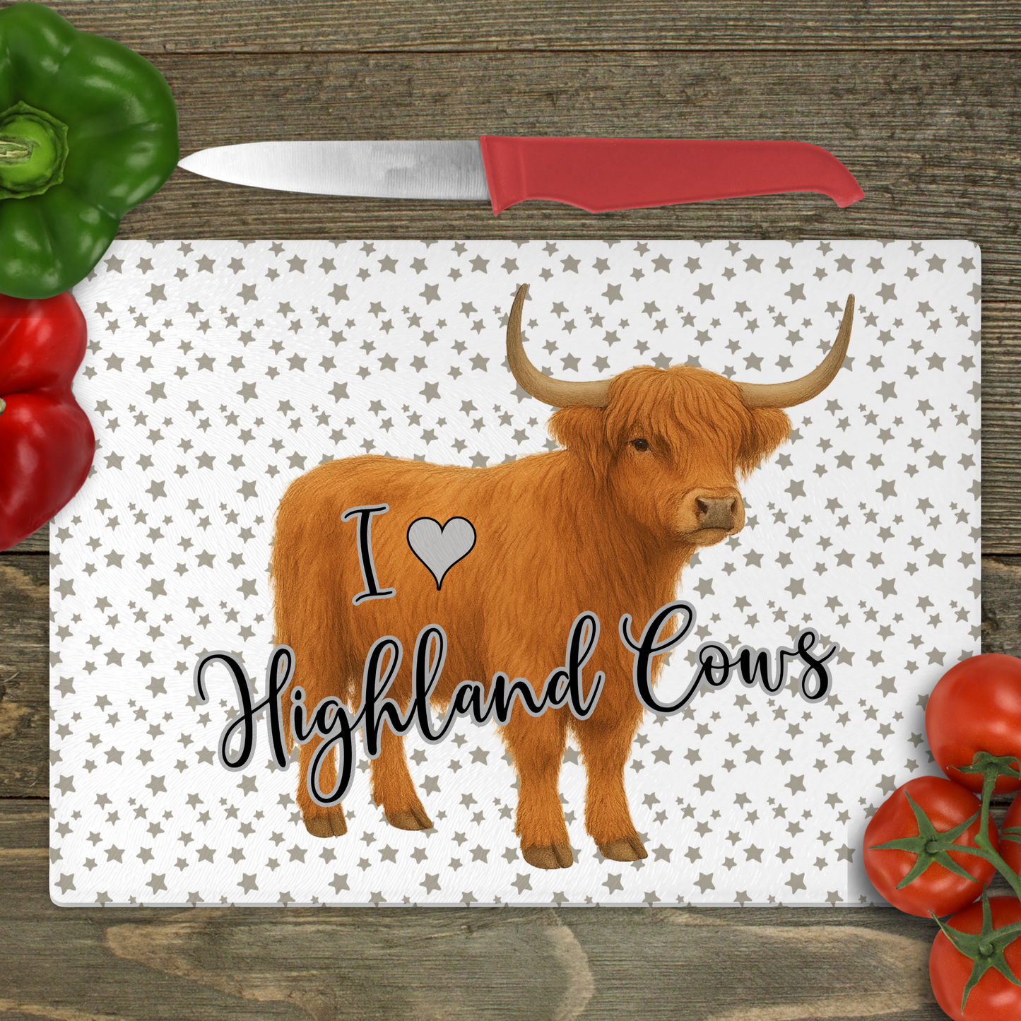 I Love Highland Cows (Stars) - Small Glass Cutting Board