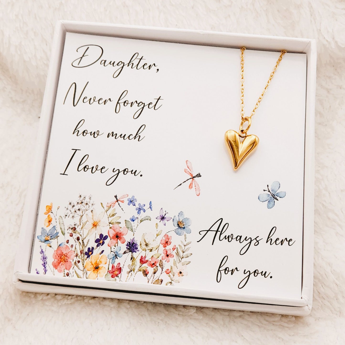 Daughter Love Heart Necklace from a Parent – Wildflower Design Gift Box.