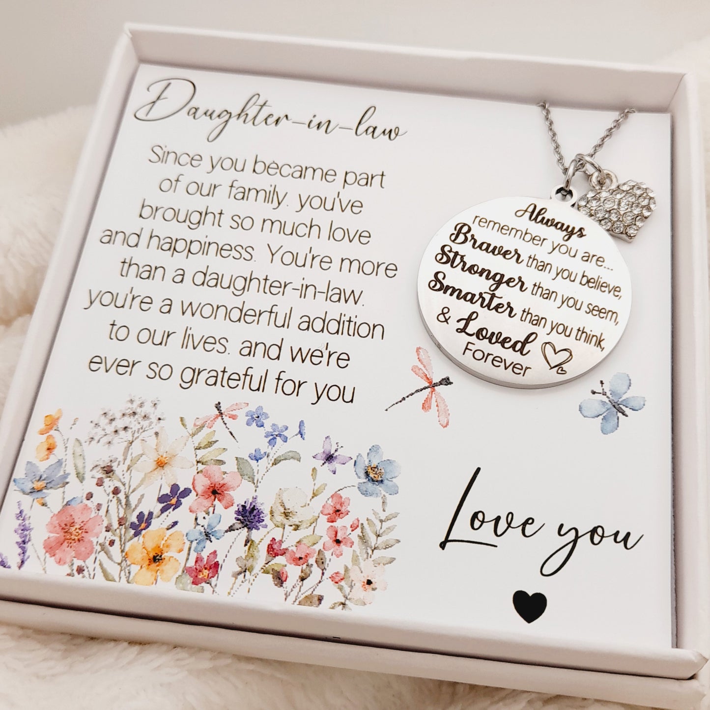 Daughter-in-Law Necklace with heartfelt Quote – Wildflower Design Gift Box