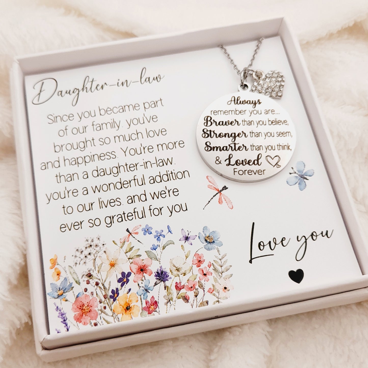 Daughter-in-Law Necklace with heartfelt Quote – Wildflower Design Gift Box