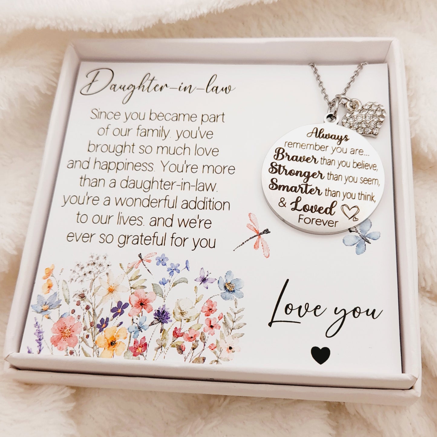 Daughter-in-Law Necklace with heartfelt Quote – Wildflower Design Gift Box