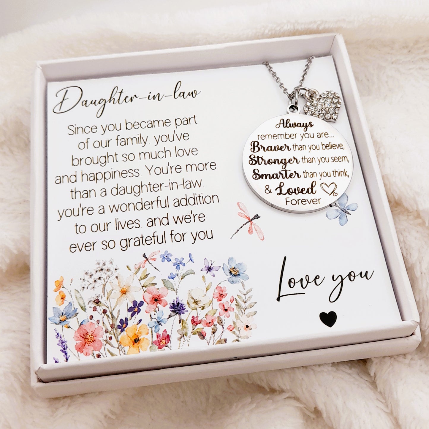 Daughter-in-Law Necklace with heartfelt Quote – Wildflower Design Gift Box