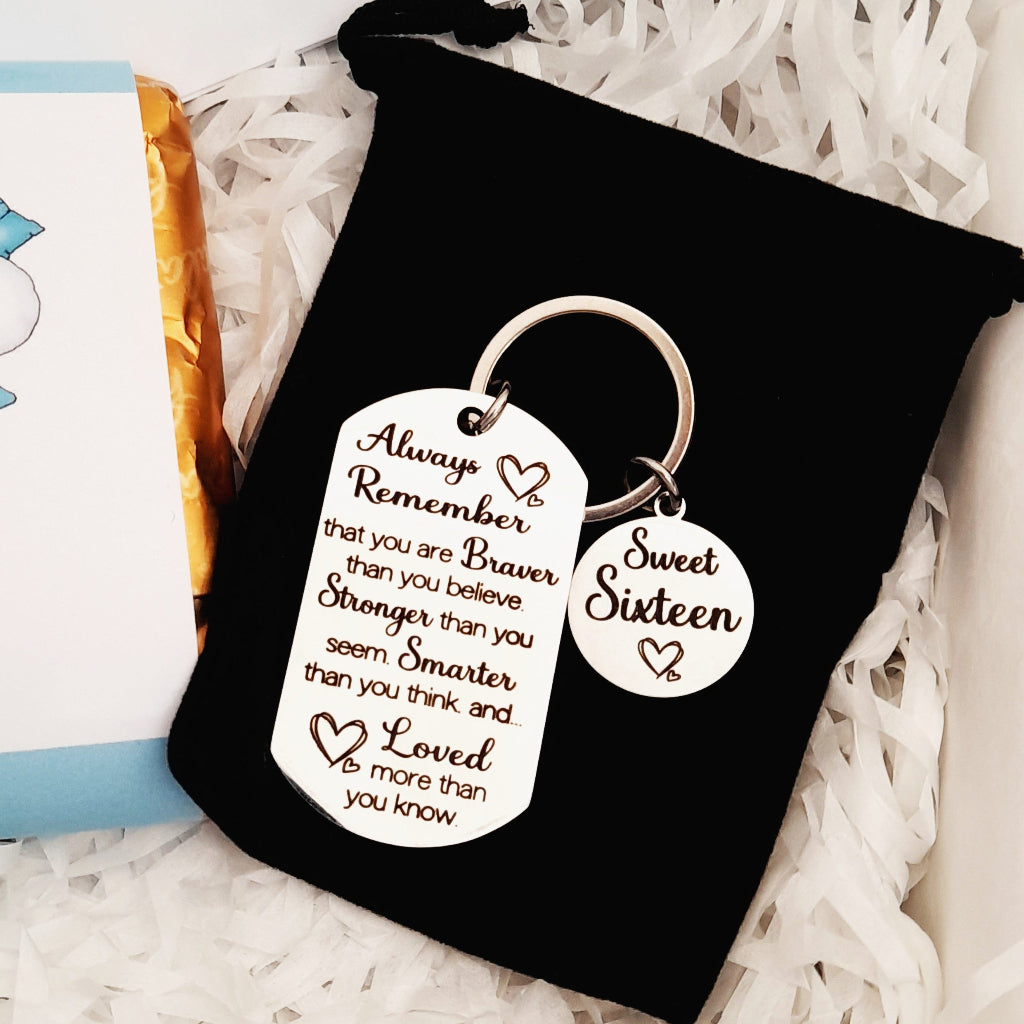 Granddaughter Sweet Sixteen Gift Box, Stronger Braver – Card, Keychain and Chocolate