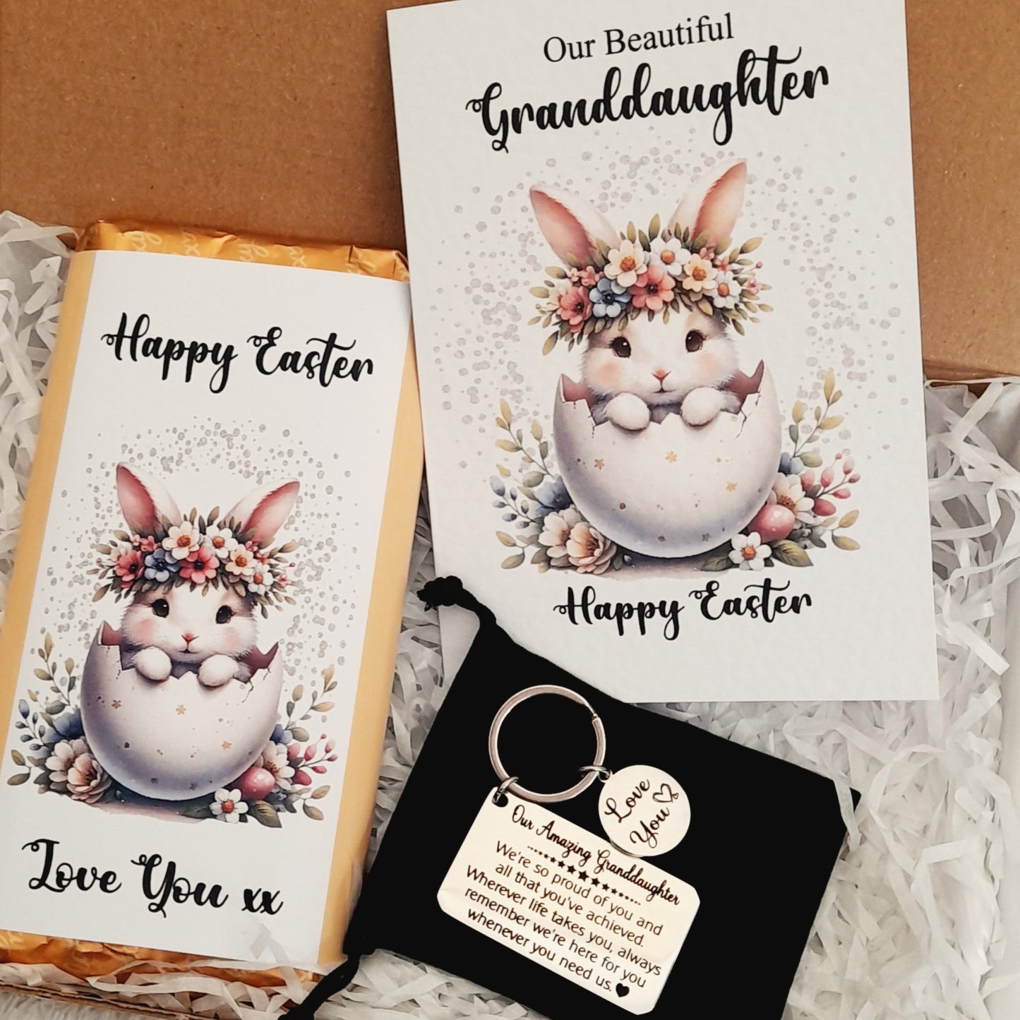 Granddaughter Easter Gift – White Bunny Gift Card, Keychain and Chocolate