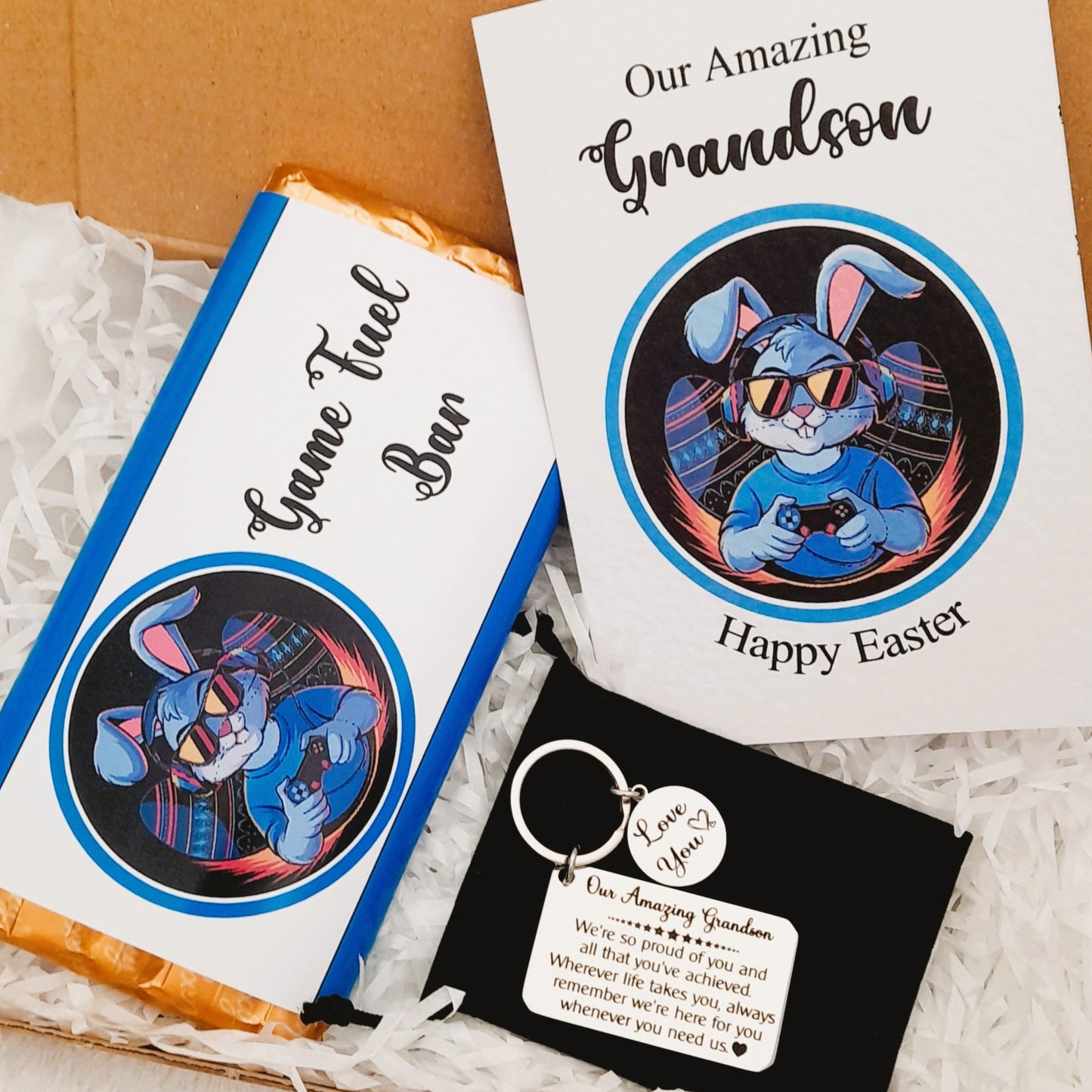 Grandson Easter Bunny Gamer Gift Box – Card, Keychain and Chocolate