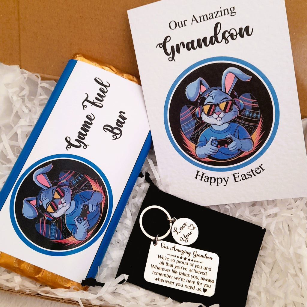 Grandson Easter Bunny Gamer Gift Box – Card, Keychain and Chocolate
