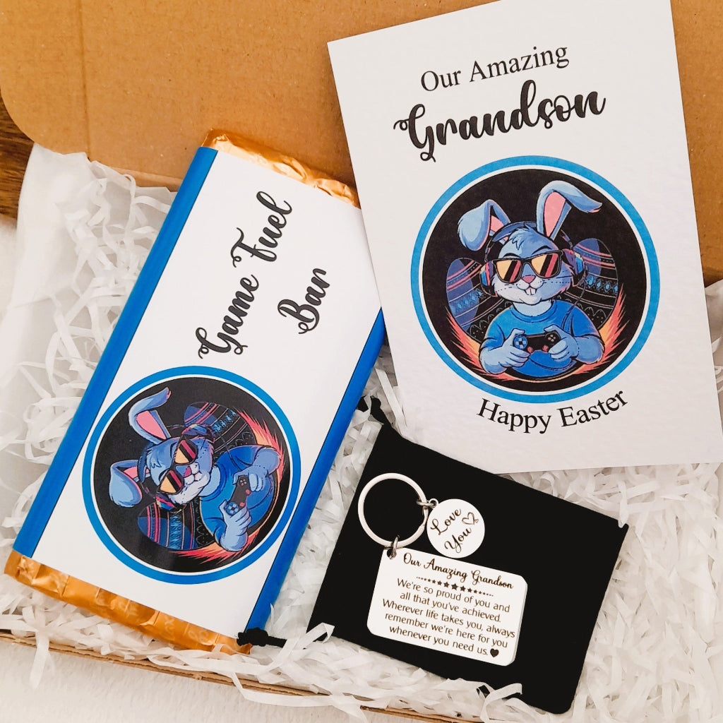 Grandson Easter Bunny Gamer Gift Box – Card, Keychain and Chocolate