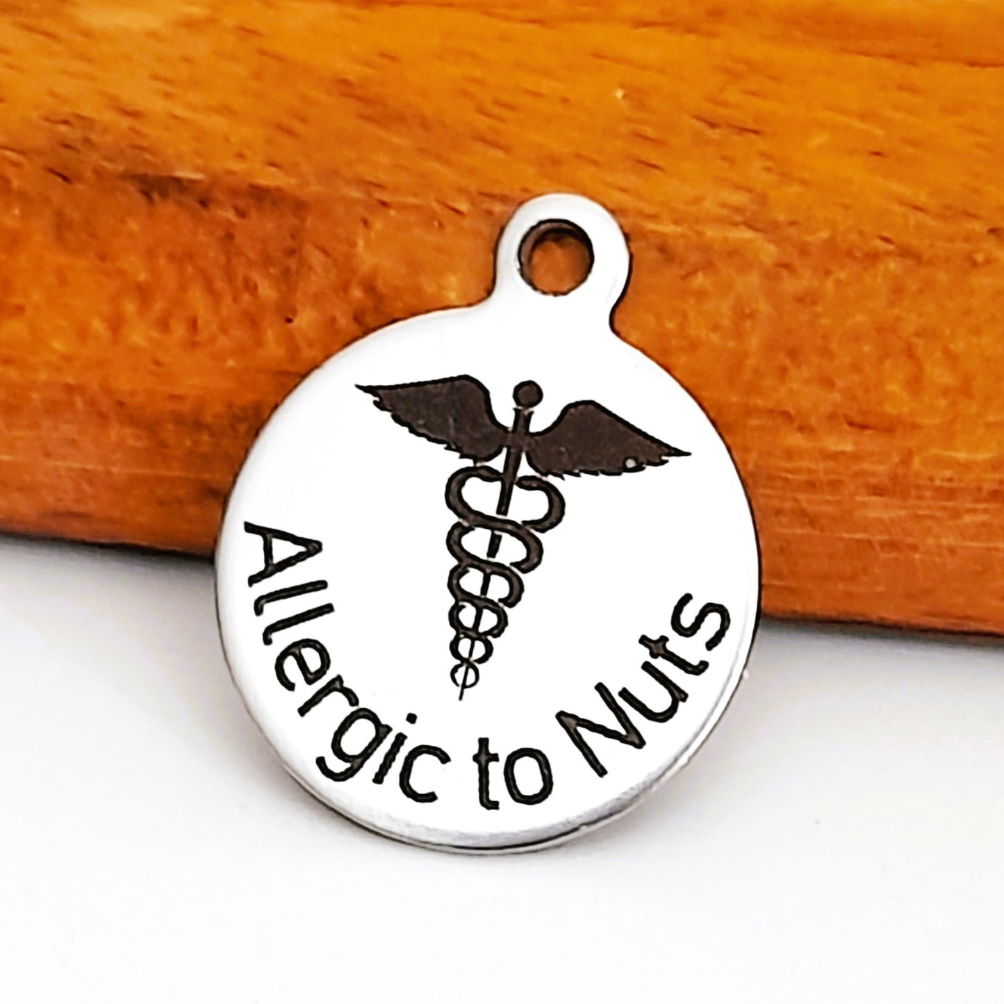 Allergic To Nuts Charms, Bulk Packs, Stainless Steel Gold and Silver Colour Pendants - Tags