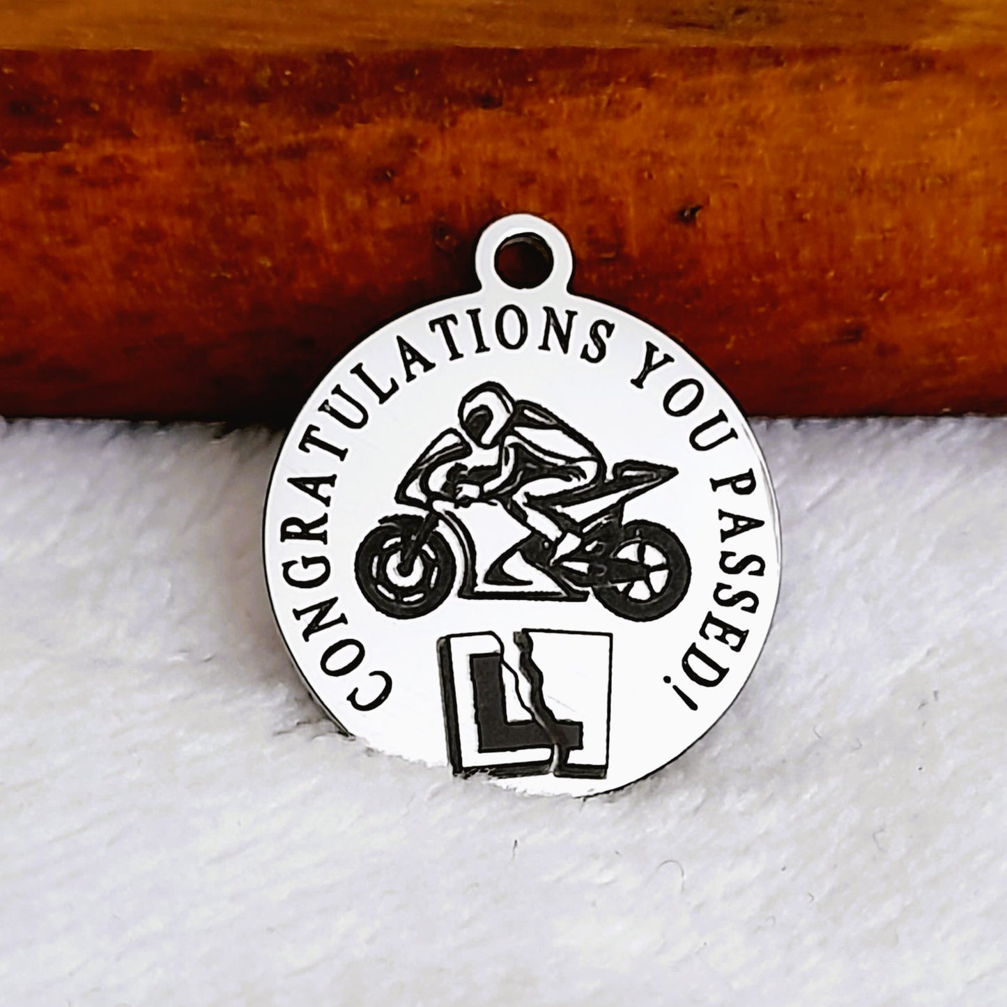 You Passed (Motorcycle) Charms, Bulk Packs, Stainless Steel Gold and Silver Colour Pendants - Tags