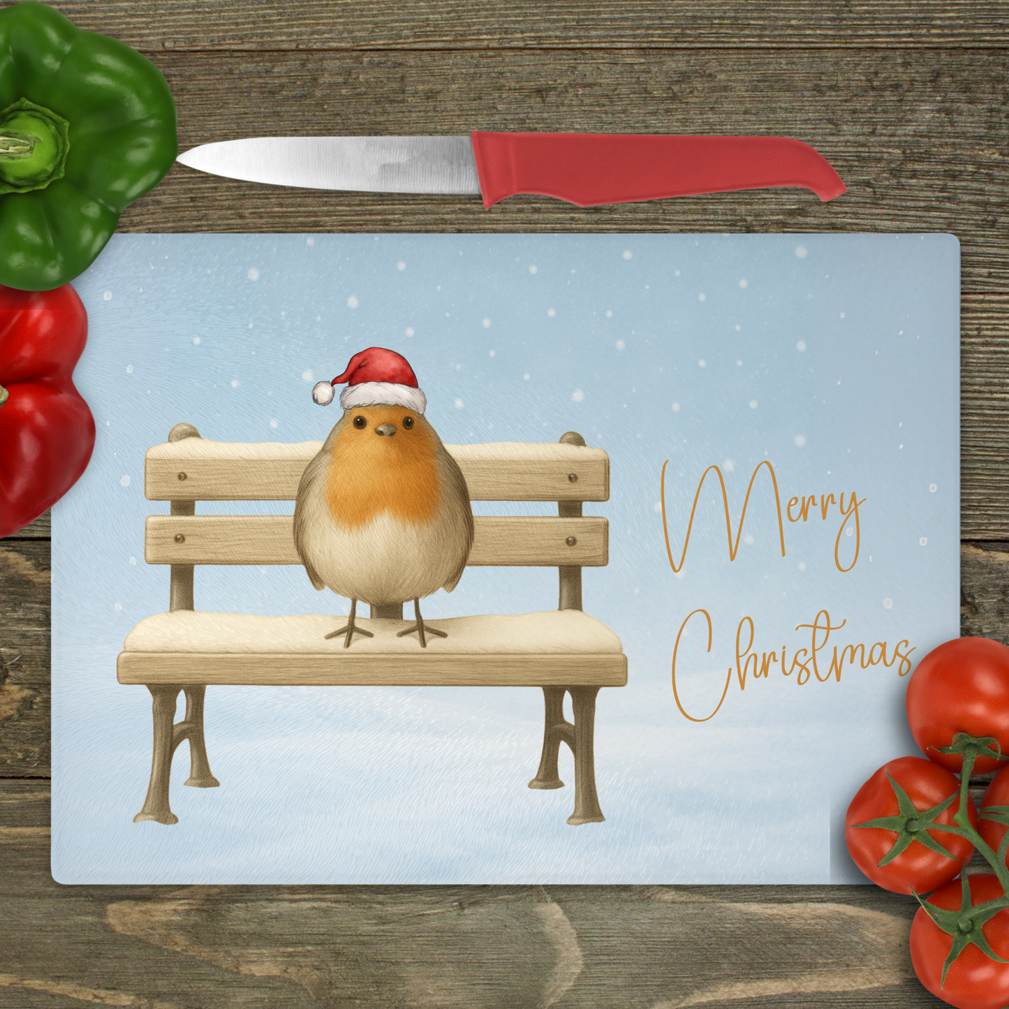 Robin Merry Christmas - Small Glass Cutting Board