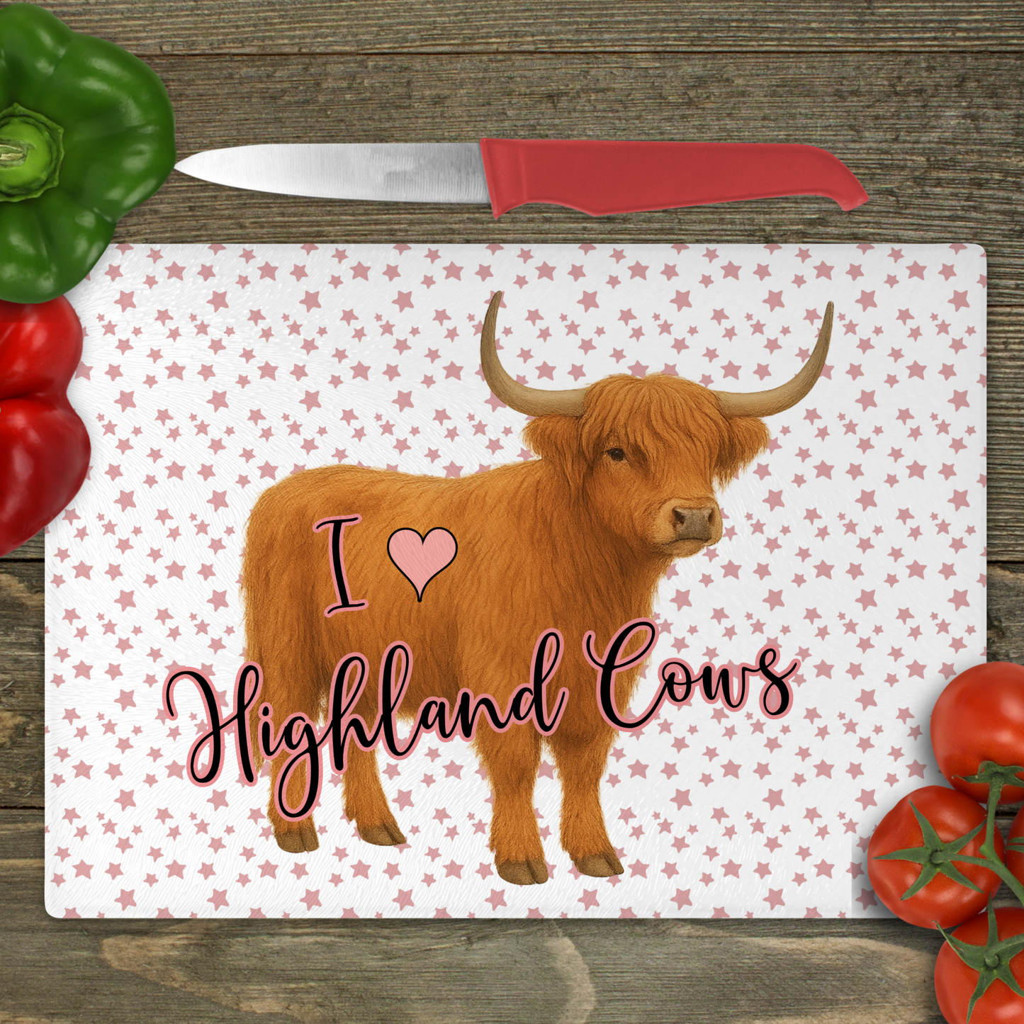 I Love Highland Cows (Stars) - Small Glass Cutting Board