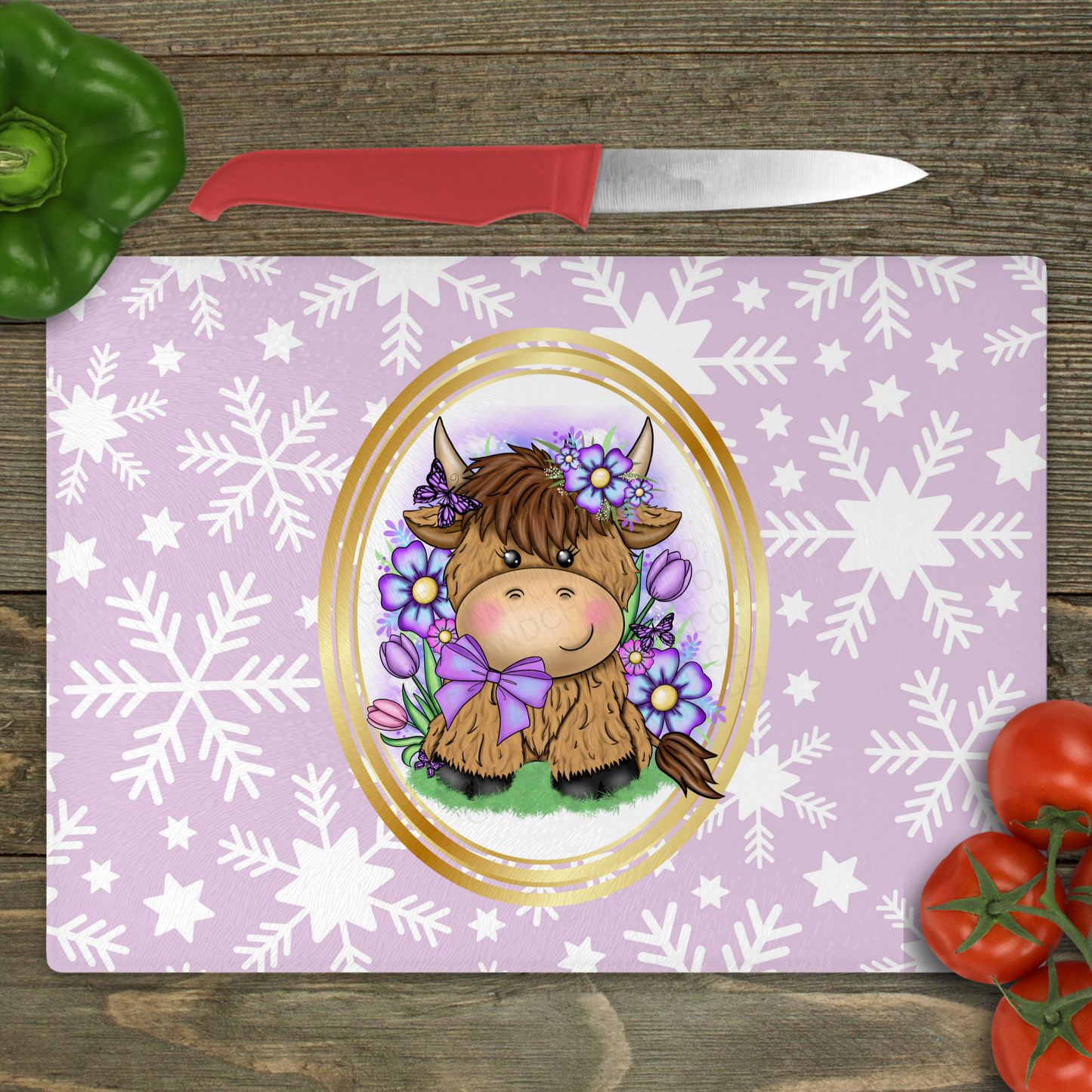 Cartoon Highland Cow (Snowflakes) - Small Glass Cutting Board