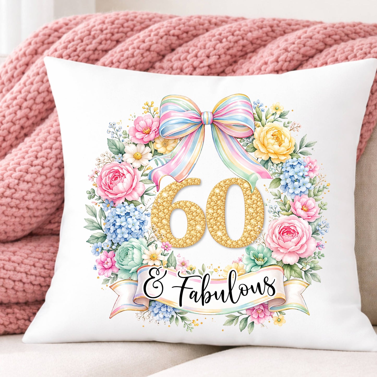 Birthday Cushion – Any Age & Fabulous Floral Cushion Gift for Her, Gold number, 20 30 40 50 60