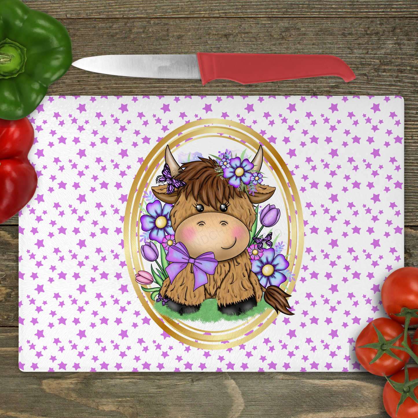 Cartoon Highland Cow (Gold Frame) - Small Glass Cutting Board