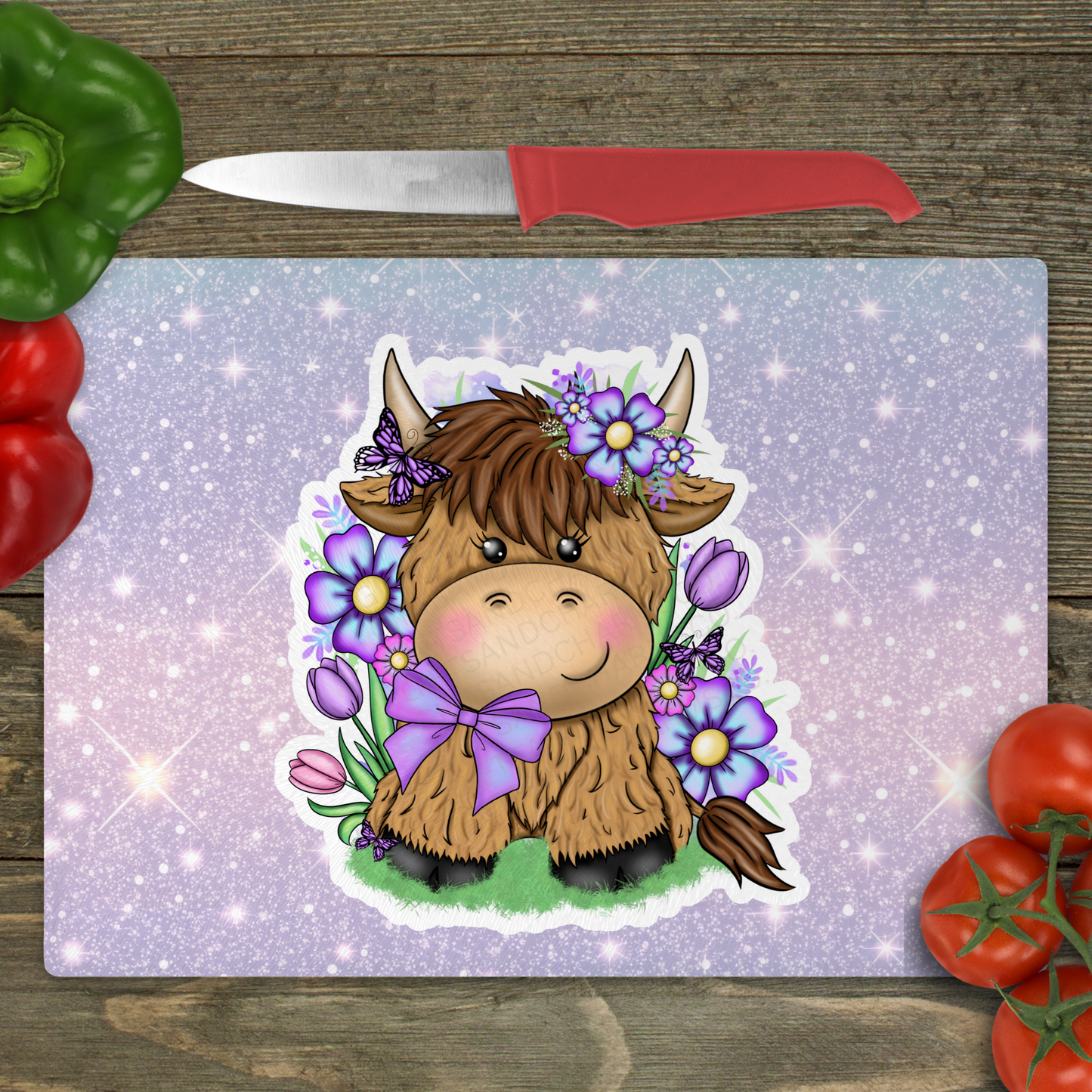 Cartoon Highland Cow (Stars) - Small Glass Cutting Board