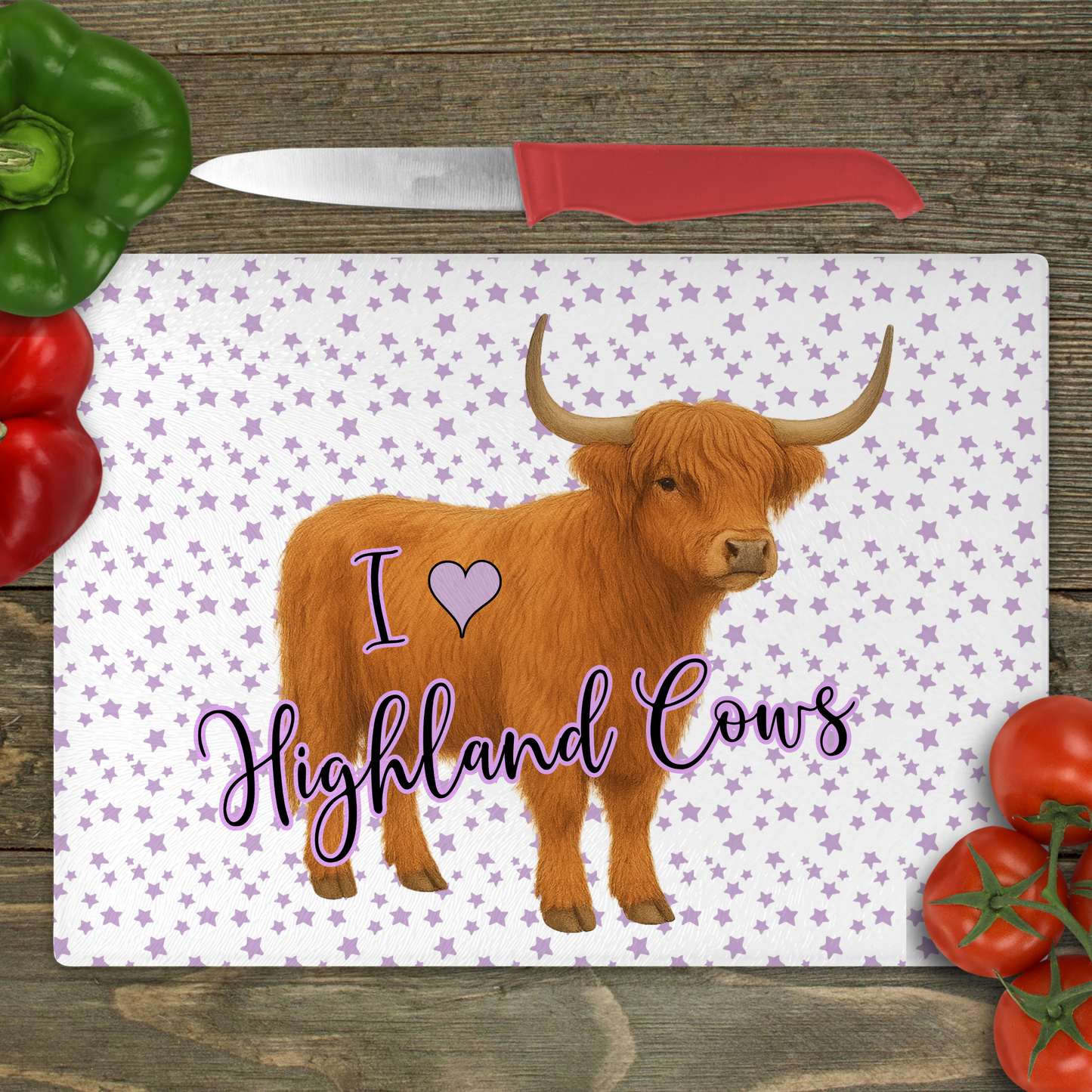 I Love Highland Cows (Stars) - Small Glass Cutting Board