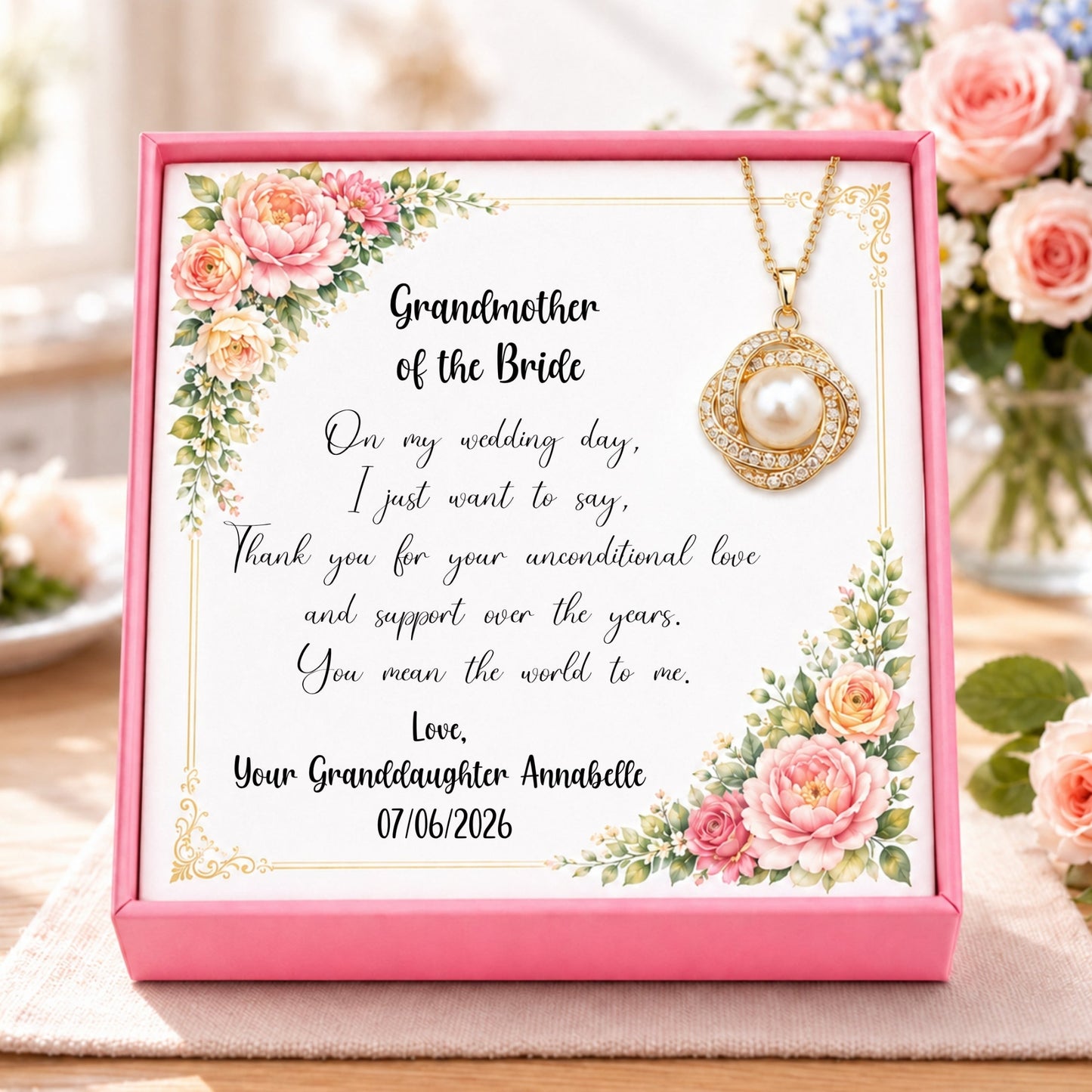 Personalised Grandmother of the Bride pearl necklace gift from granddaughter with floral message card and gold pearl pendant