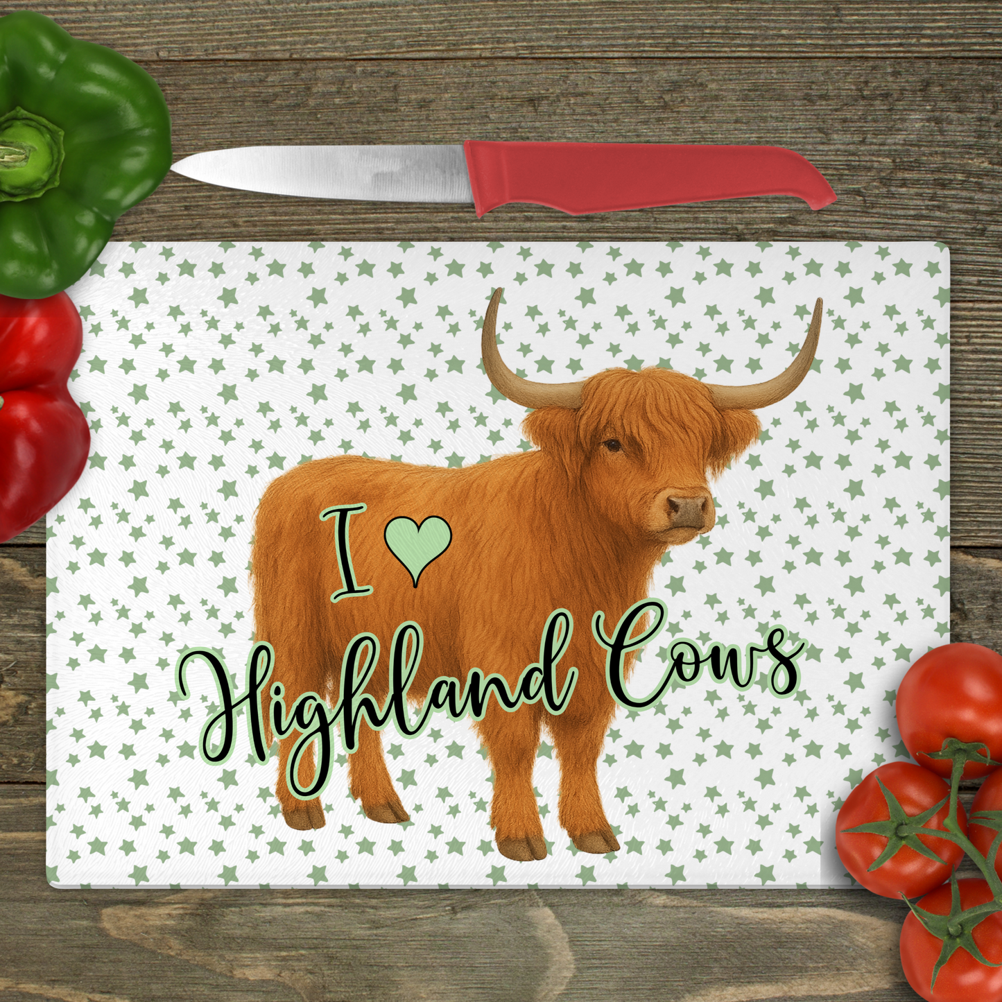 I Love Highland Cows (Stars) - Small Glass Cutting Board