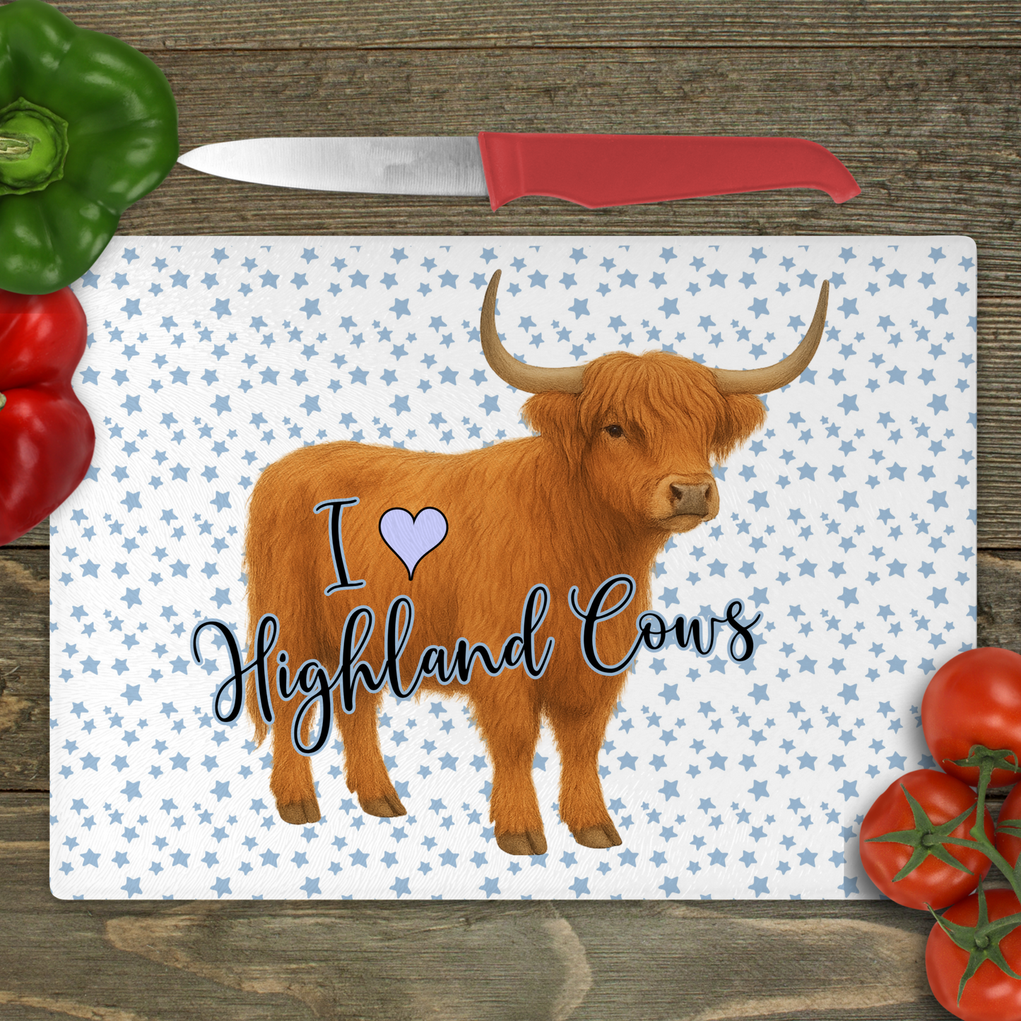 I Love Highland Cows (Stars) - Small Glass Cutting Board