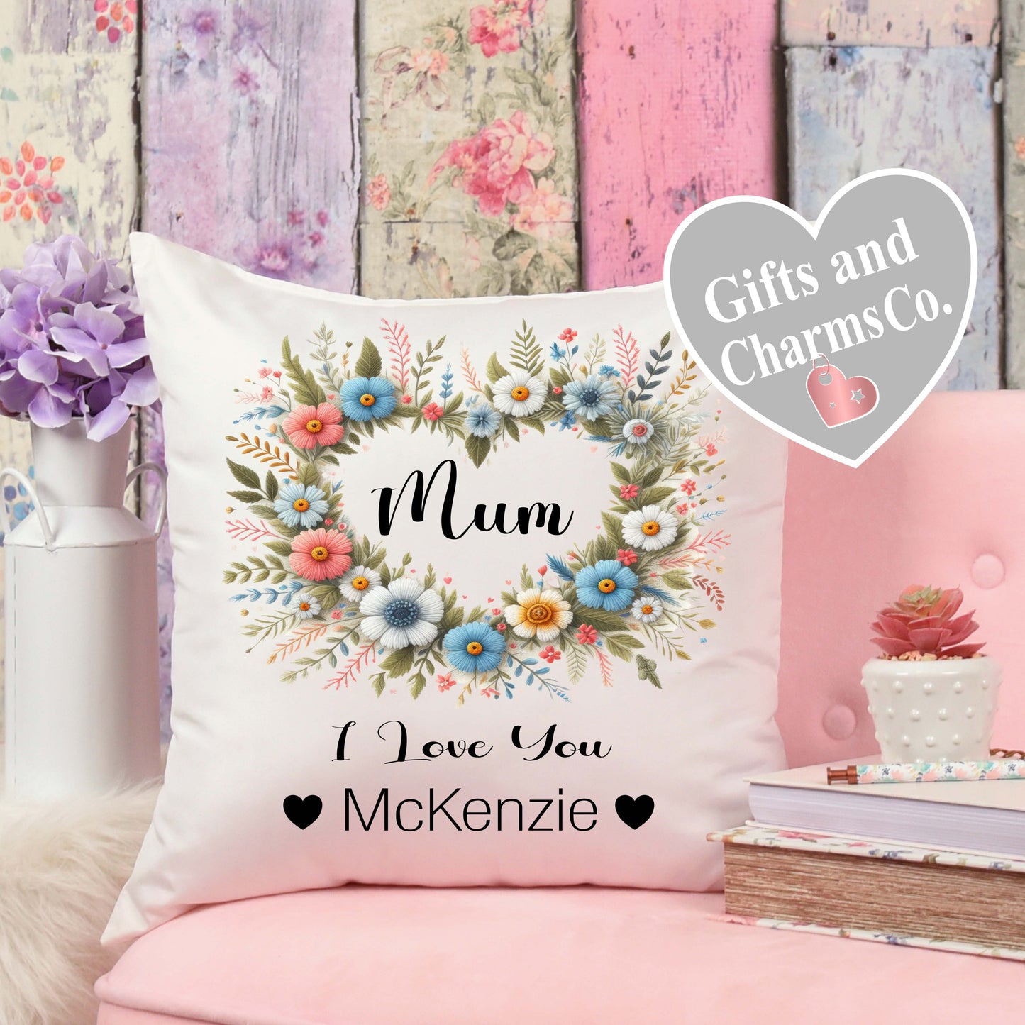 Personalised Mum Flower Heart Cushion I / We love you