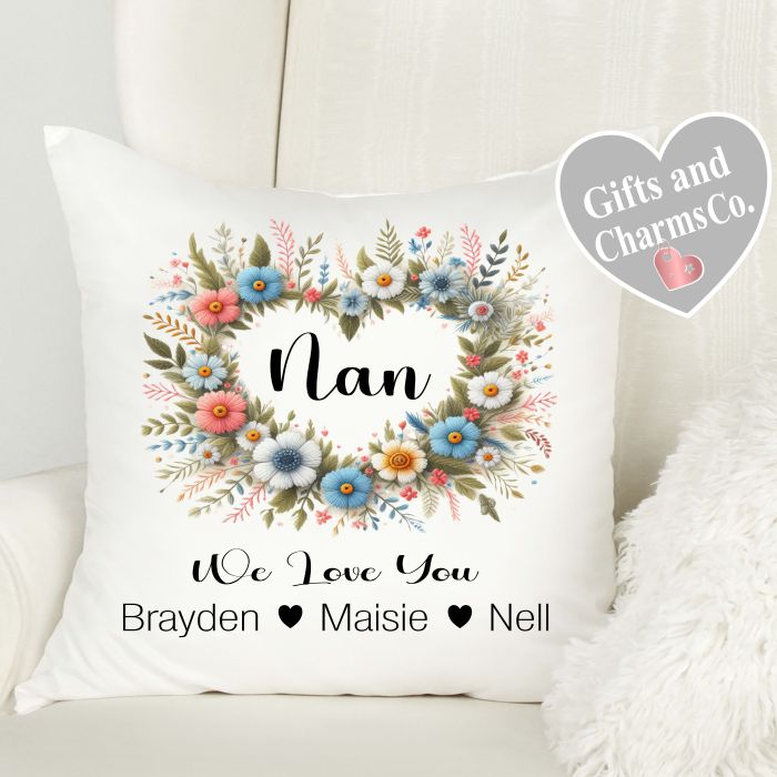 Personalised Nan Flower Heart Cushion I / We love you