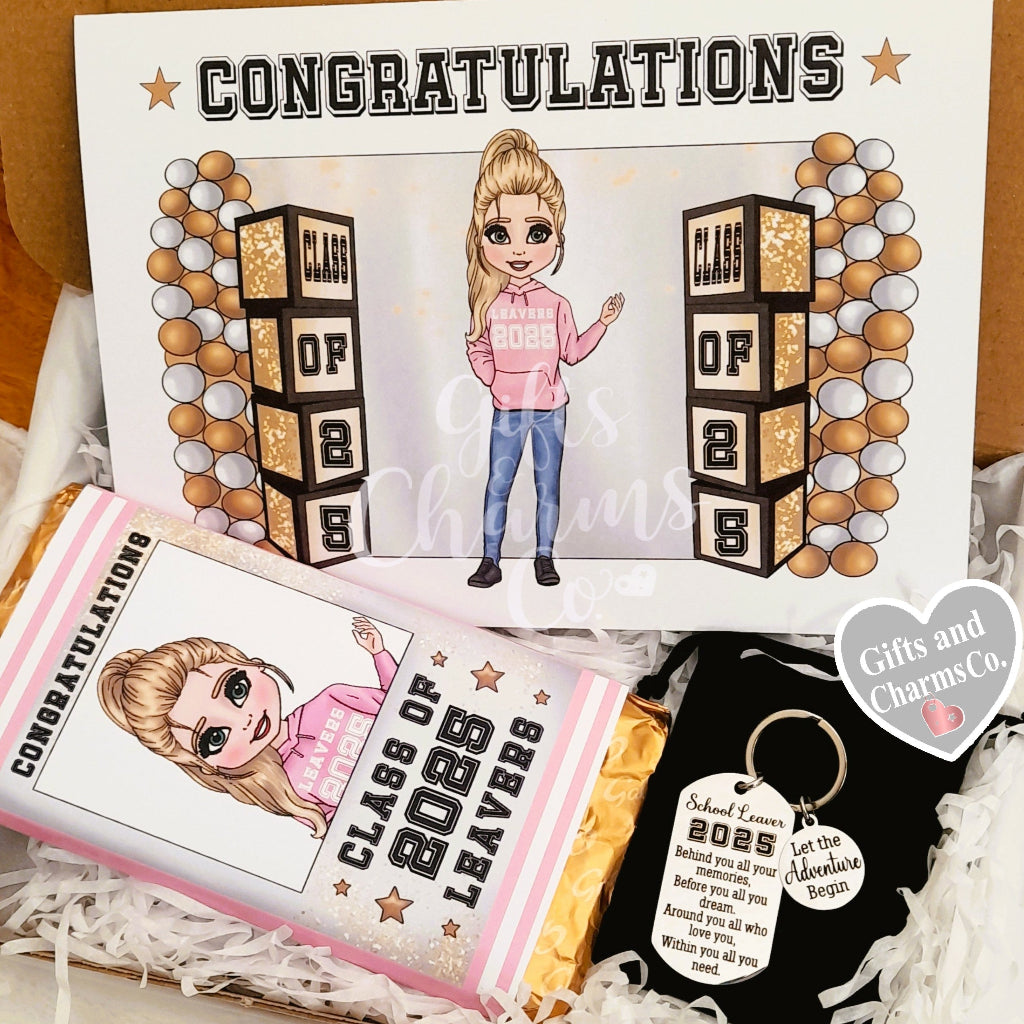 Girls School Leavers Gift – Gift Card, Keychain Adventure Begin and Chocolate Gift Box