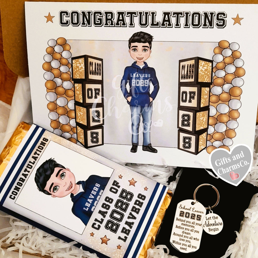 Boys School Leavers Gift – Gift Card, Keychain and Chocolate Gift Box