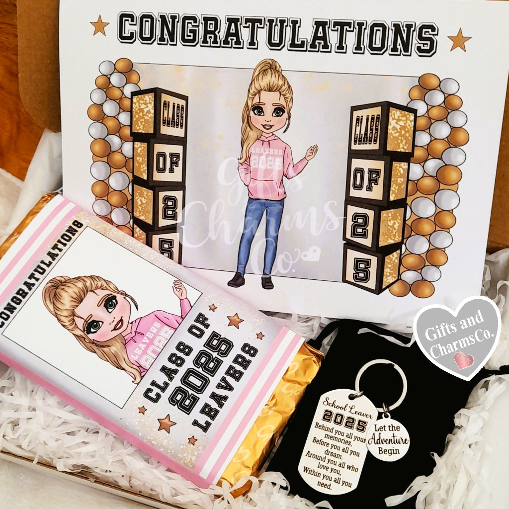 Girls School Leavers Gift – Gift Card, Keychain Adventure Begin and Chocolate Gift Box