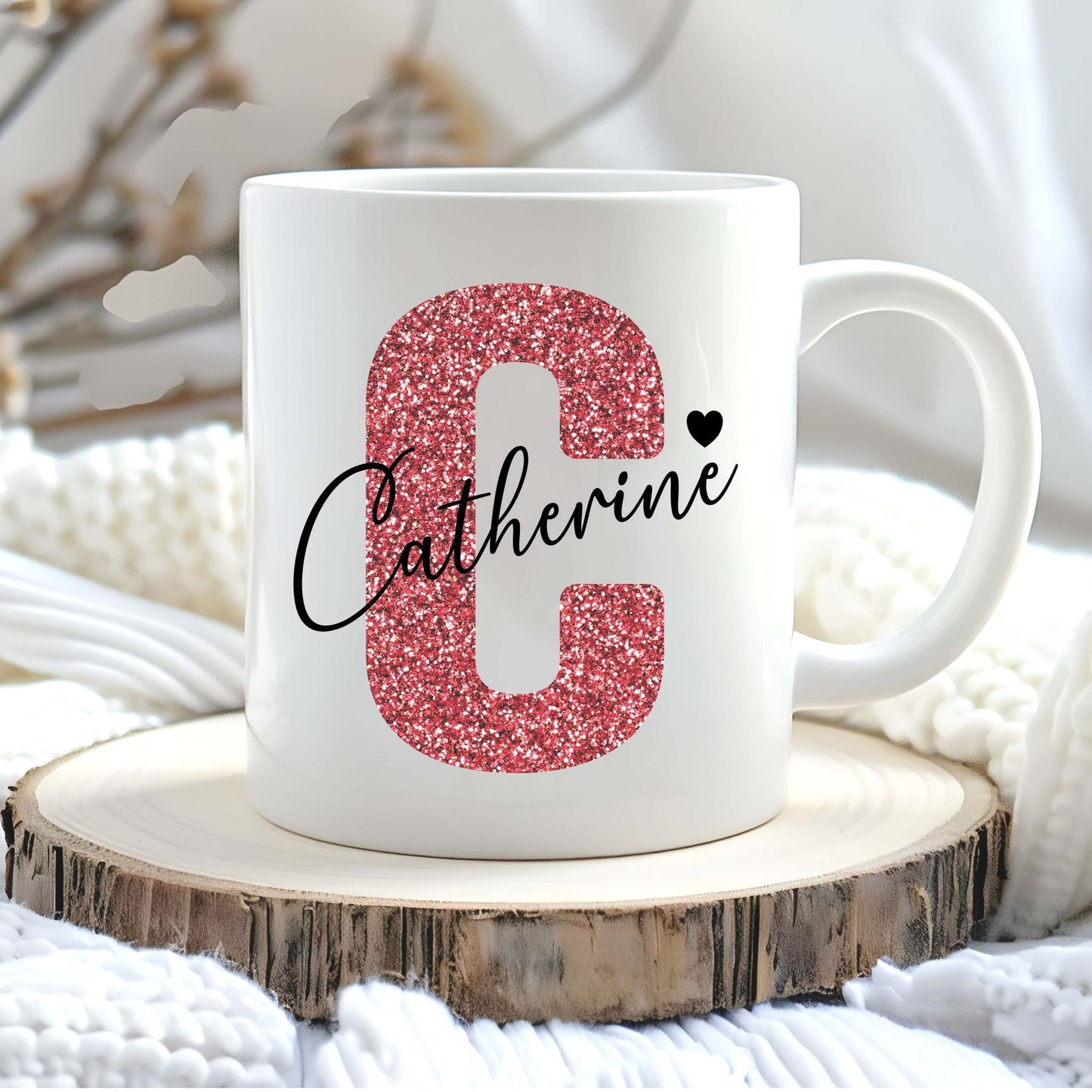 Personalised Mug with Salmon Pink Sparkle Initial and Name