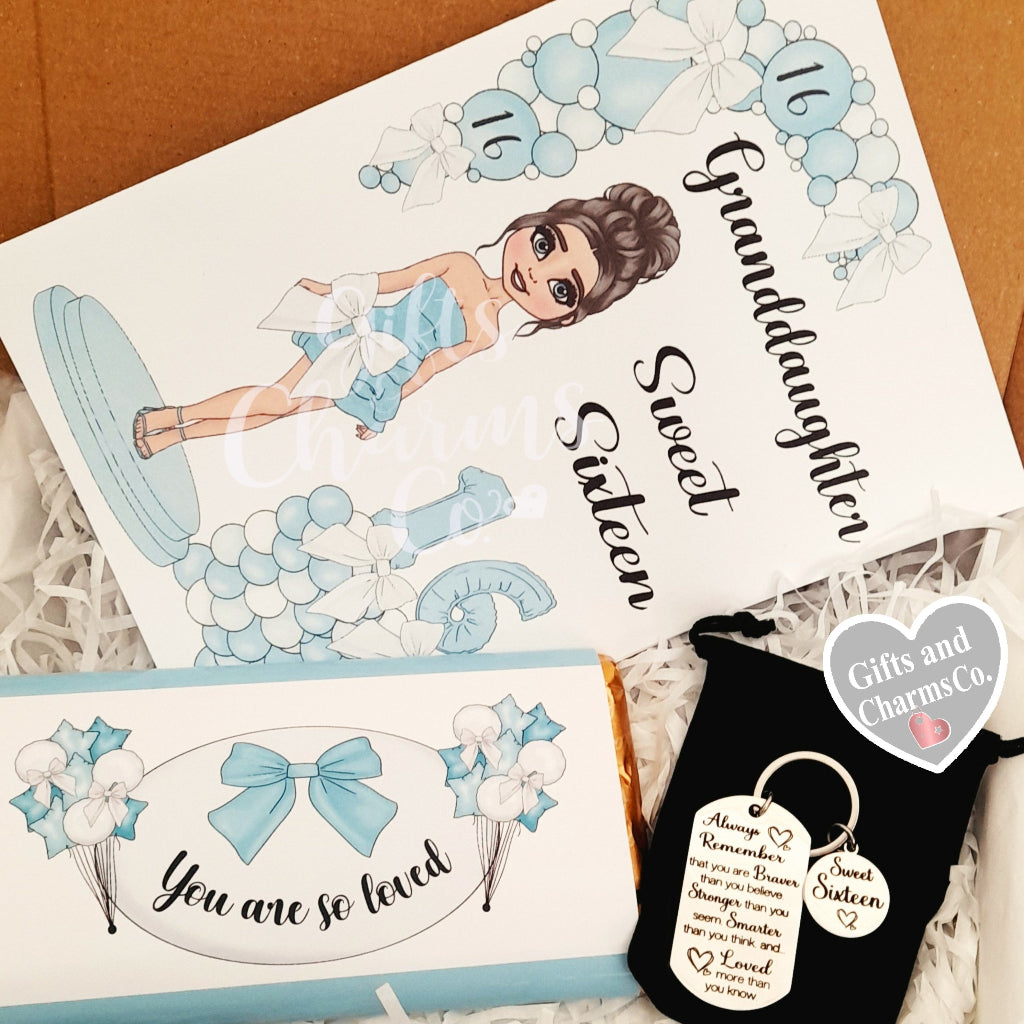 Granddaughter Sweet Sixteen Gift Box, Stronger Braver – Card, Keychain and Chocolate