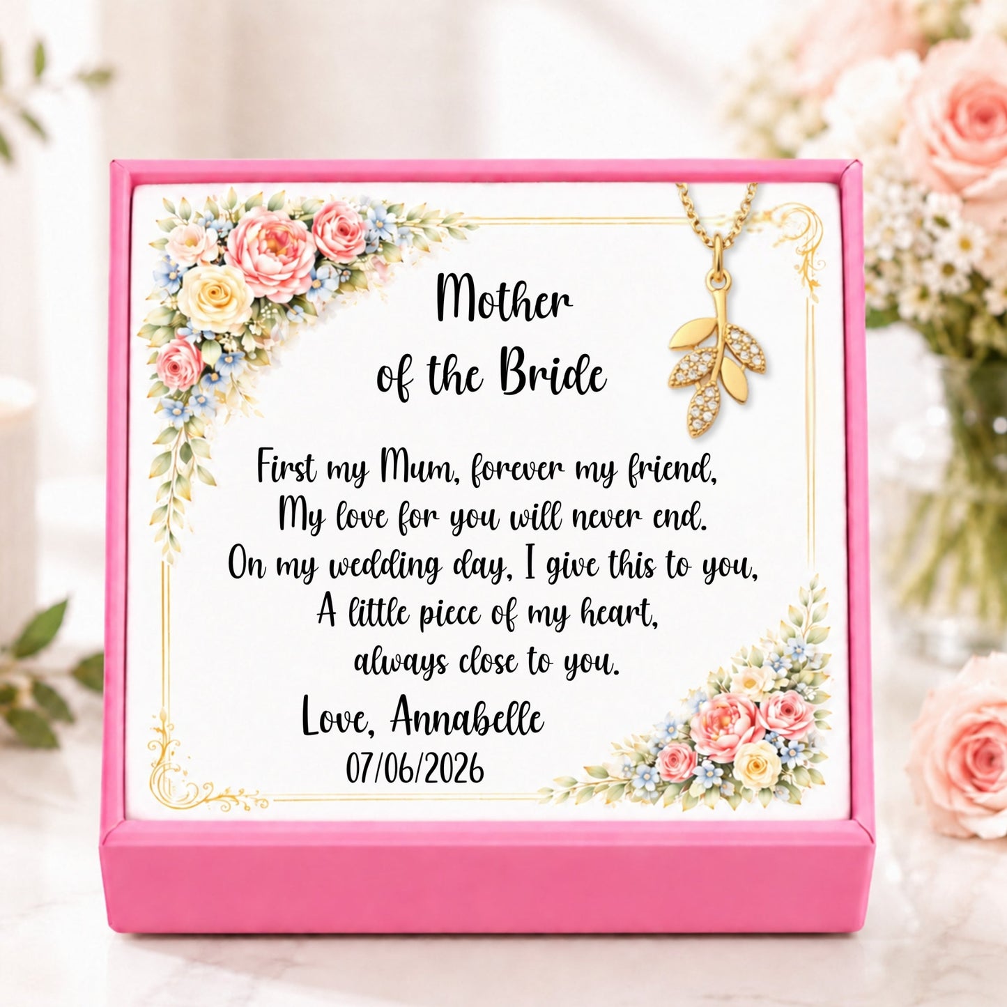 Personalised Mother of the Bride leaf necklace gift box with floral message card and gold cubic zirconia pendant