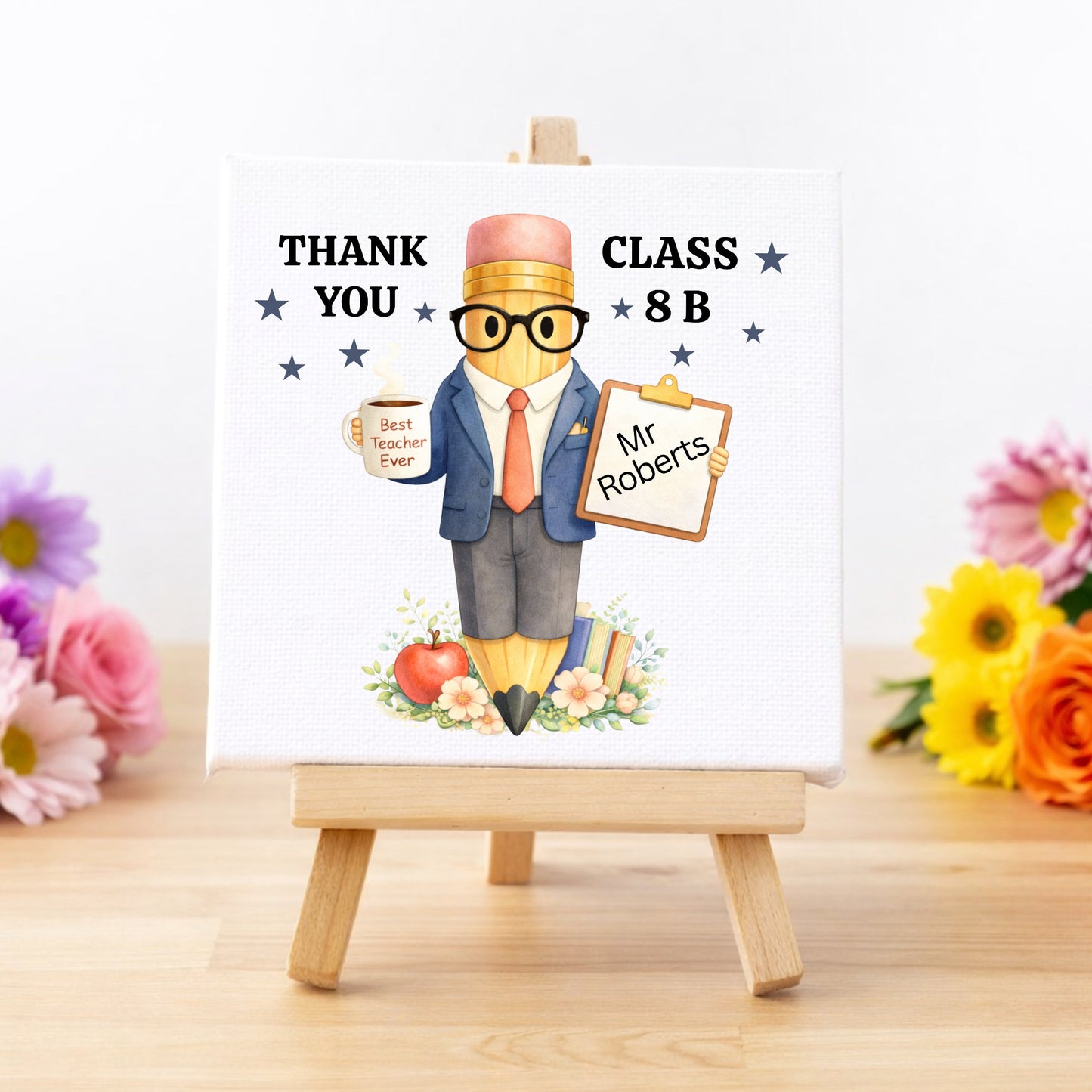 Personalised Male Pencil Teacher Thank You MINI Canvas Gift with Easel – Class Gift for Teacher