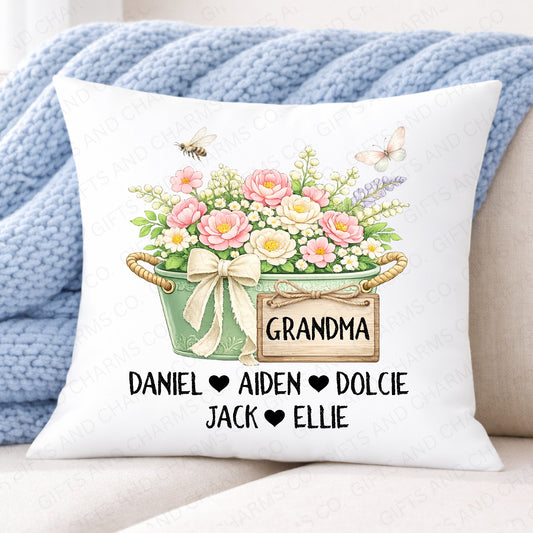 Personalised Mother's Day Grandma Cushion with Grandchildren Names – Floral Keepsake