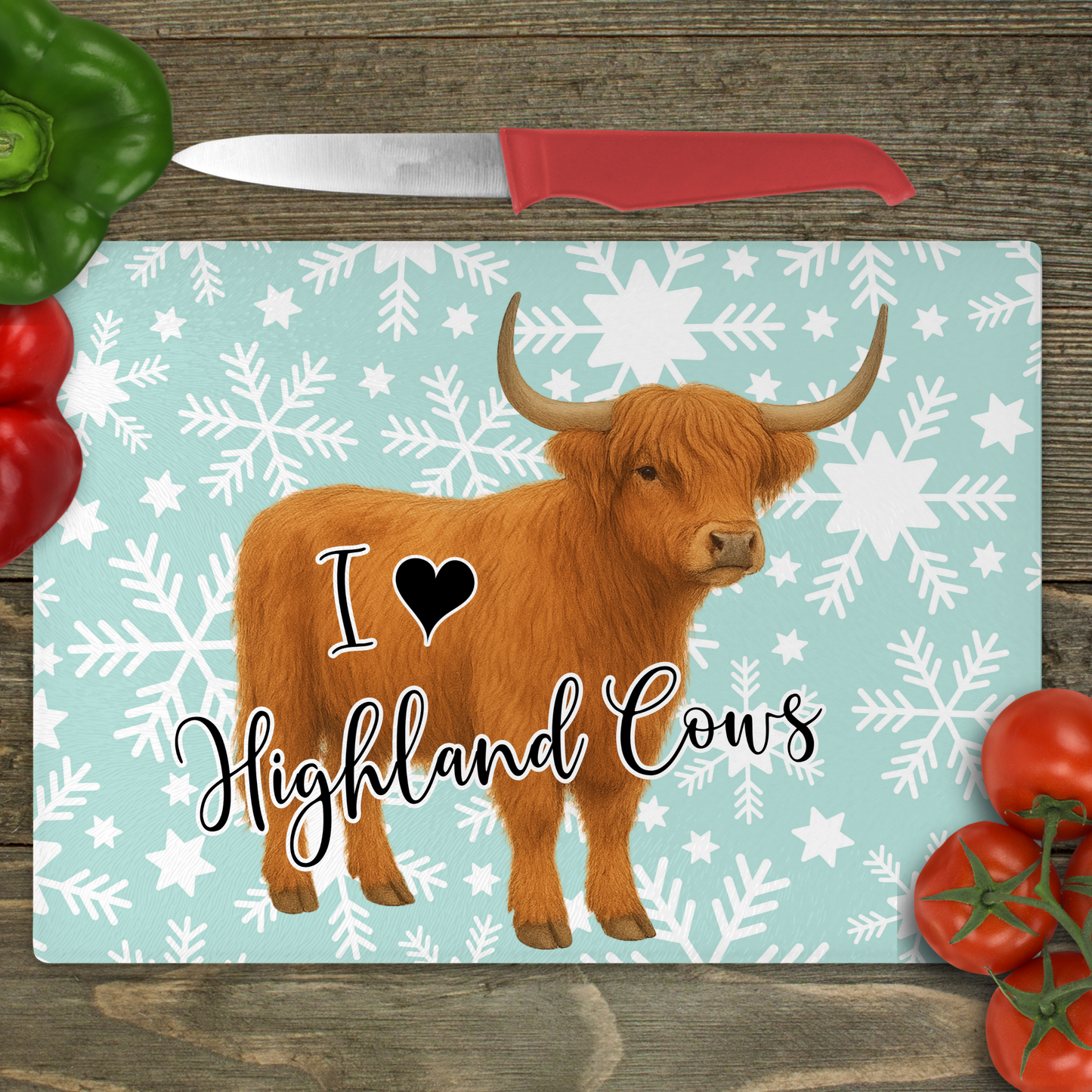 I Love Highland Cows (Snowflakes) - Small Glass Cutting Board