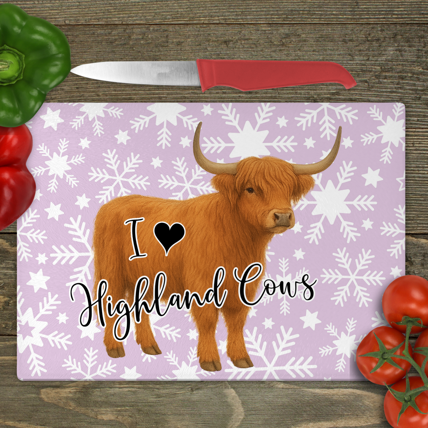 I Love Highland Cows (Snowflakes) - Small Glass Cutting Board