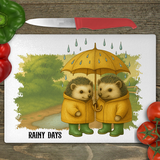 Hedgehog Rainy Days - Small Glass Cutting Board