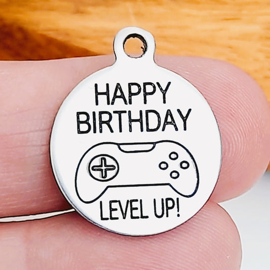 Happy Birthday Level Up Charms – Bulk Pack Gamer Stainless Steel Pendants - Tags