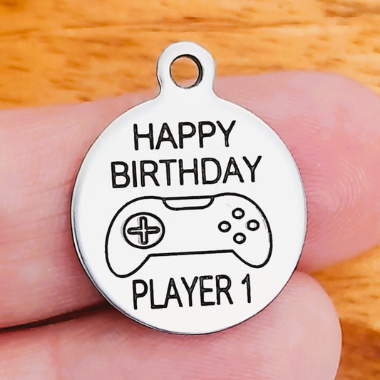 Happy Birthday Player 1 Charms – Bulk Pack Gamer Stainless Steel Pendants - Tags
