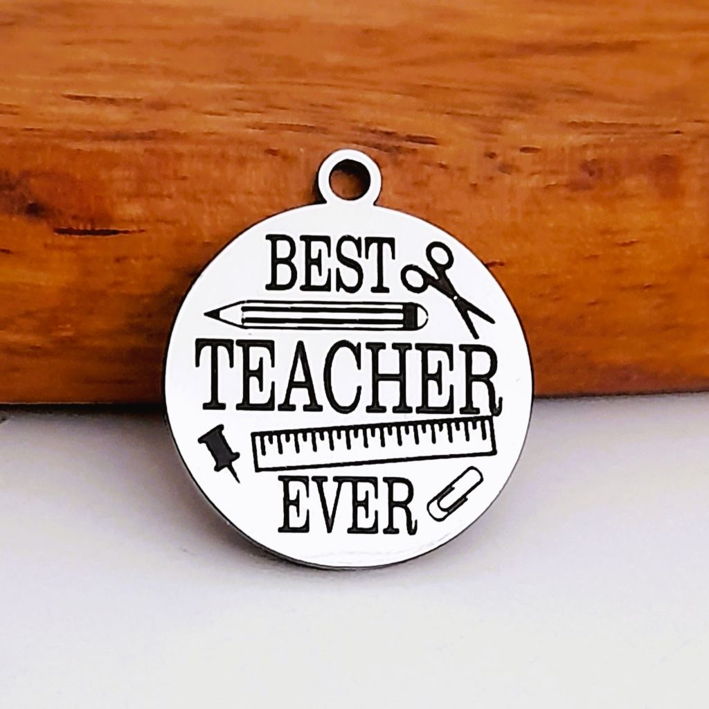 Best Teacher Ever Charms, Bulk Packs, Stainless Steel Pendants - Tags