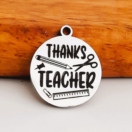 Thanks Teacher Charms, Bulk Packs, Stainless Steel Pendants - Tags