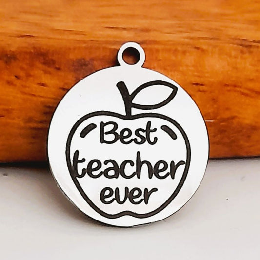 Best Teacher Ever apple charms, Bulk Packs, Stainless Steel Pendants - Tags