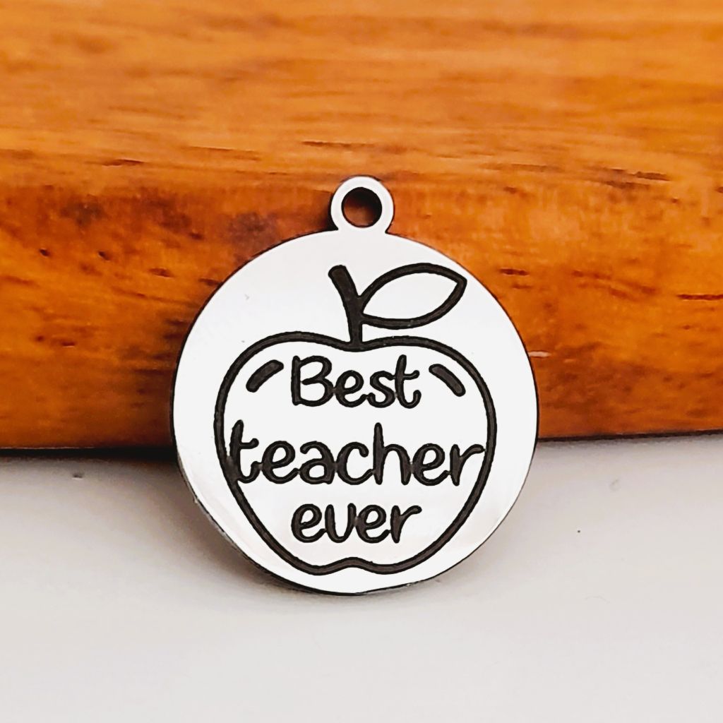 Best Teacher Ever apple charms, Bulk Packs, Stainless Steel Pendants - Tags