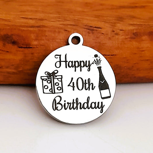 Happy 40th Charms, Bulk Packs, Stainless Steel Gold and Silver Colour Pendants - Tags