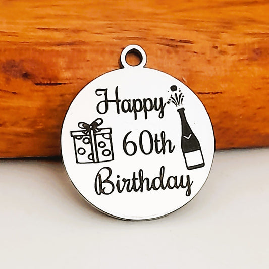 Happy 60th Charms, Bulk Packs, Stainless Steel Gold and Silver Colour Pendants - Tags