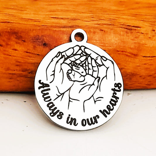 Always In Our Hearts Charms, Bulk Packs, Stainless Steel Gold and Silver Colour Pendants - Tags