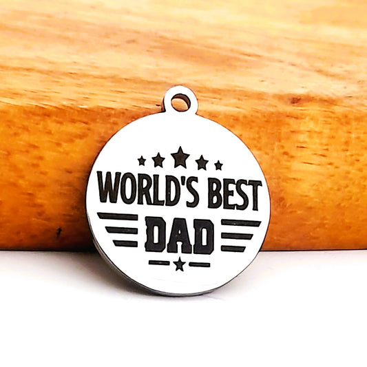 Worlds Best Dad Charms, Bulk Packs, Stainless Steel Gold and Silver Colour Pendants - Tags