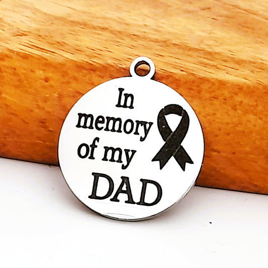 Memory of Dad Charms, Bulk Packs, Stainless Steel Gold and Silver Colour Pendants - Tags