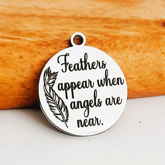 Feathers Appear When Angels Are Near Charms, Bulk Packs, Stainless Steel Gold and Silver Colour Pendants - Tags