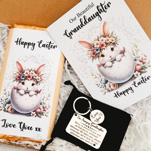 Granddaughter Easter Gift – White Bunny Gift Card, Keychain and Chocolate